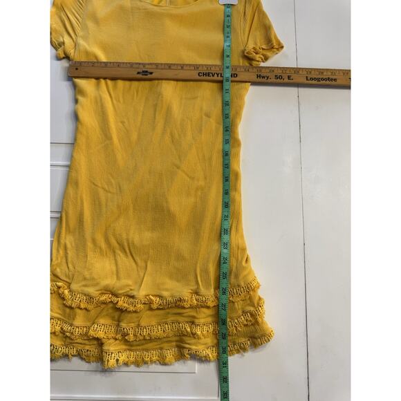 Lulu's Buenos Aires Golden Yellow Crochet Ruffle Short Sleeve Shift Dress Sz S - Picture 5 of 6